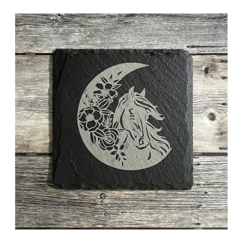 (image for) Horse, Moon & Flowers Design, 4" Slate Coaster, set of 4