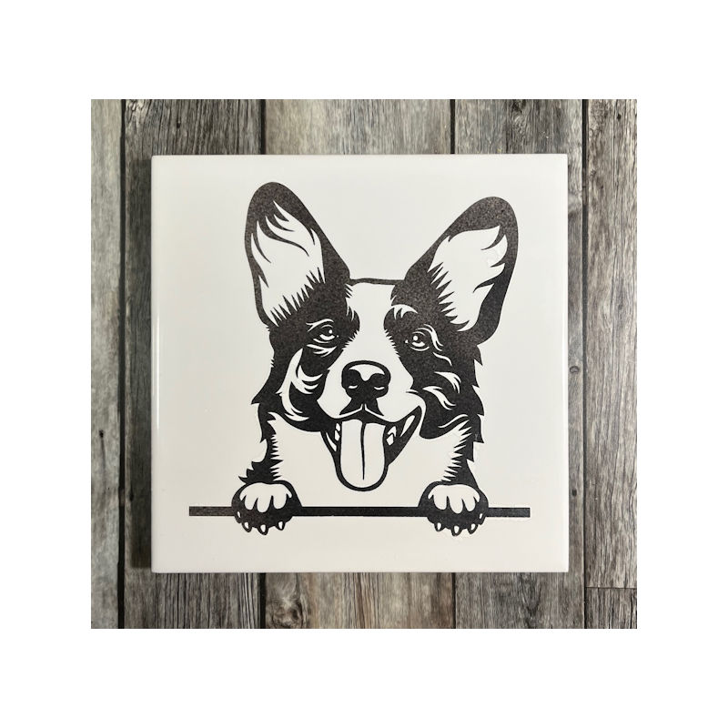 (image for) Ceramic Trivet, 6" Square with a Corgi.