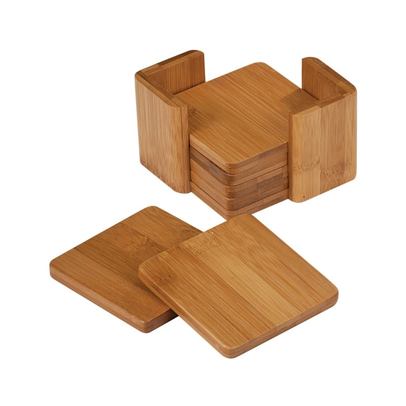 (image for) 3 3/4" x 3 3/4" Bamboo Square 6-Coaster Set with Holder