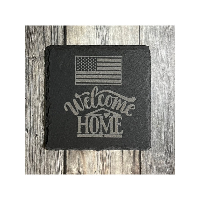 (image for) Coasters - Welcome Home with Flag III, Set of 4. With Custom Engraving on Back.