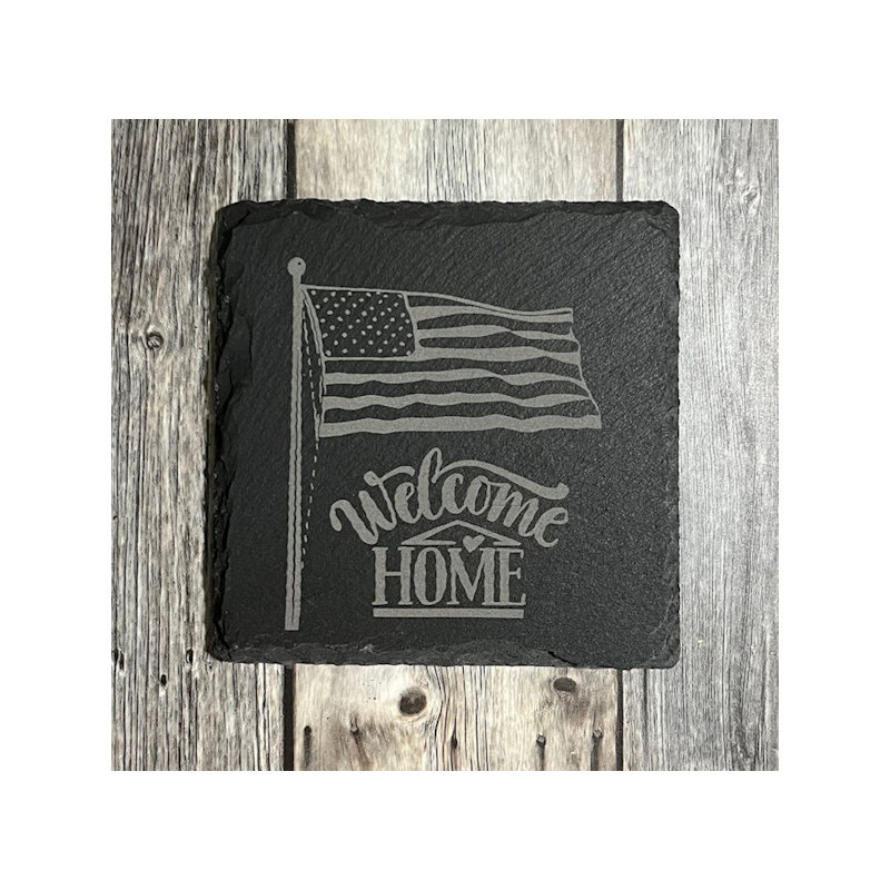 (image for) Coasters - Welcome Home with Flag I, Set of 4. With Custom Engraving on Back.