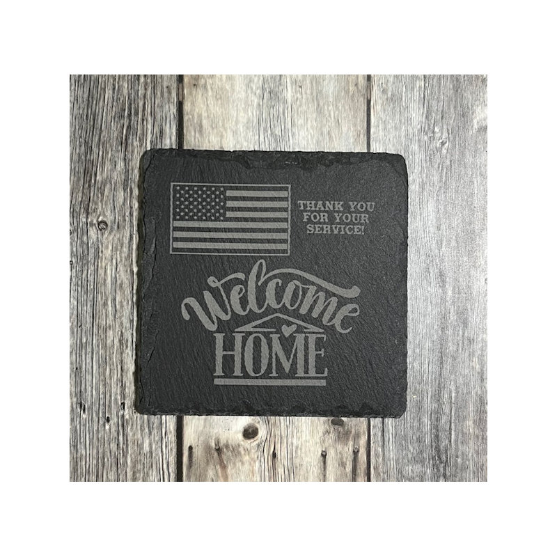 (image for) Coasters - Welcome Home with Flag II, Set of 4. With Custom Engraving on Back.