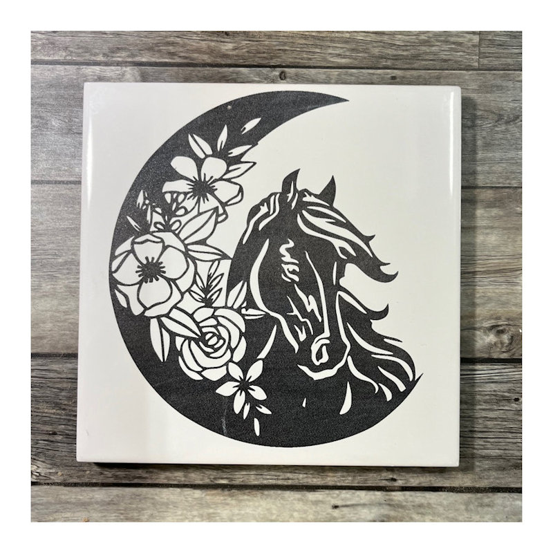 (image for) Ceramic Trivet, 6" Square with Horse, Moon and Flowers