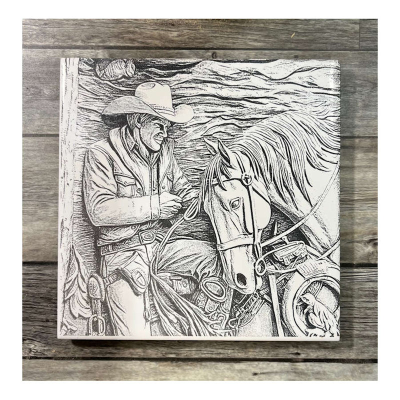 (image for) Ceramic Trivet, 6" Square with a Man & Horse