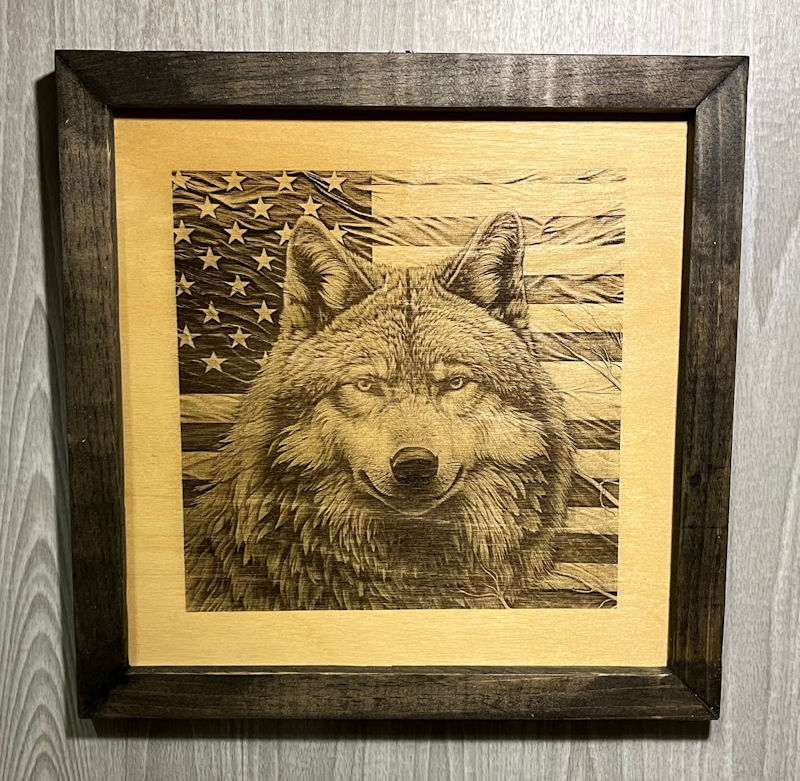 (image for) Wolf Head and Flag Laser Art, Framed