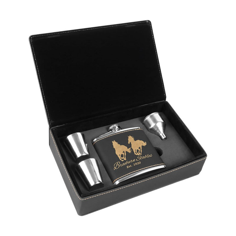 (image for) 6 oz. Black/Gold Laserable Leatherette Flask Gift Set
